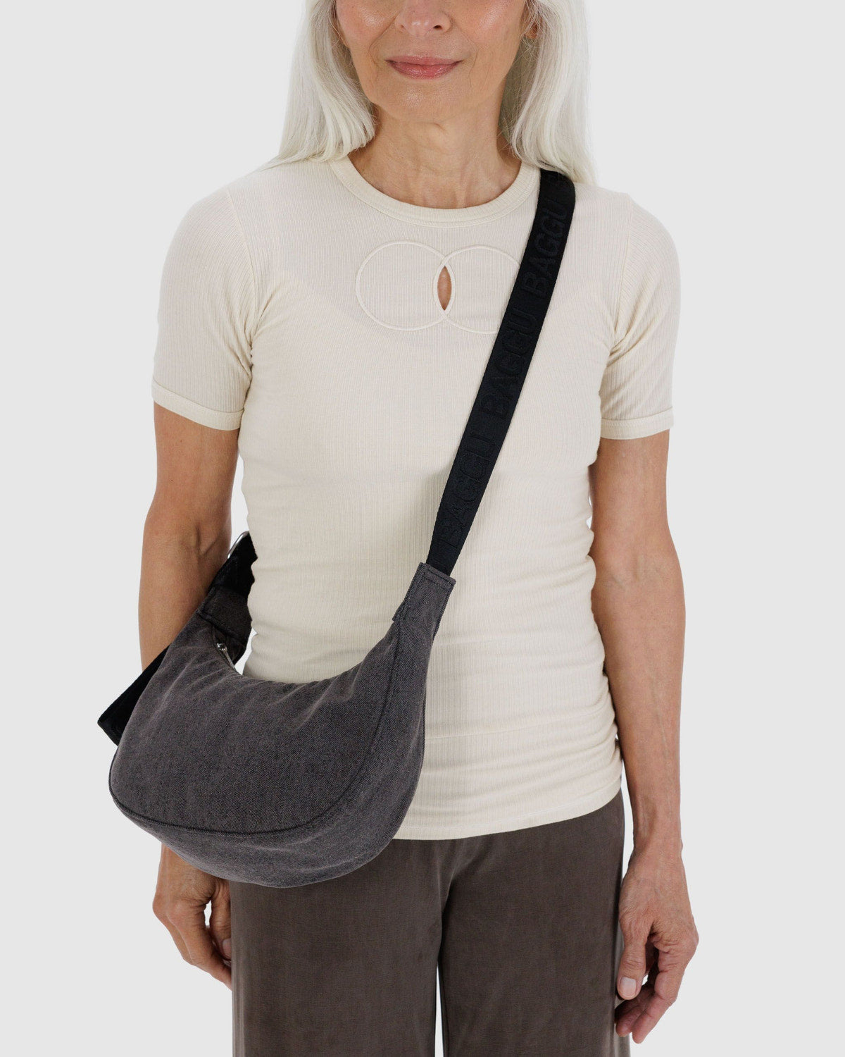 Small Denim Crescent Bag Washed Black Denim | Baggu On Sale