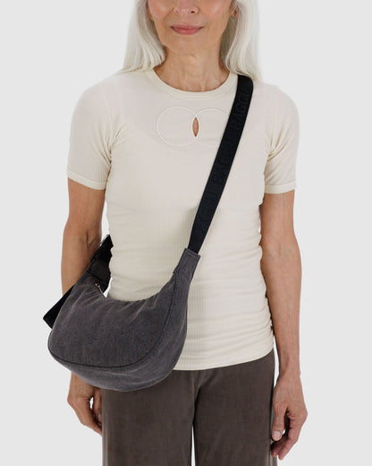 Small Denim Crescent Bag Washed Black Denim | Baggu On Sale