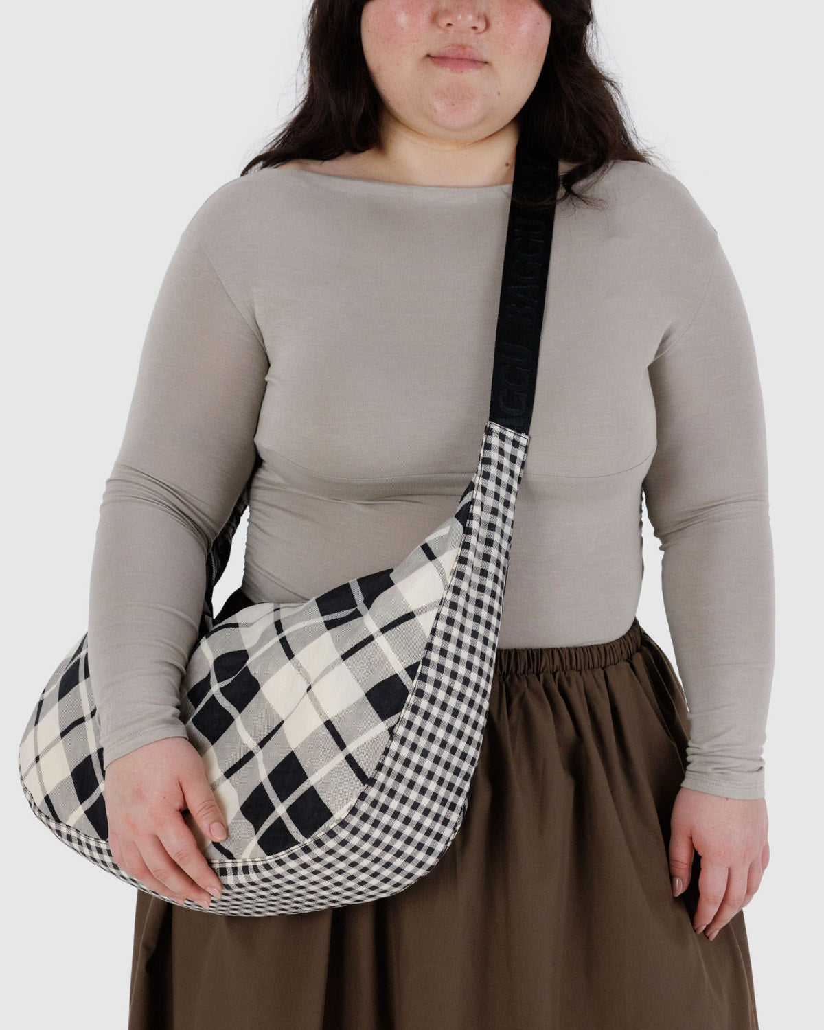Large Nylon Crescent Bag Mixed Plaid | Baggu Sale