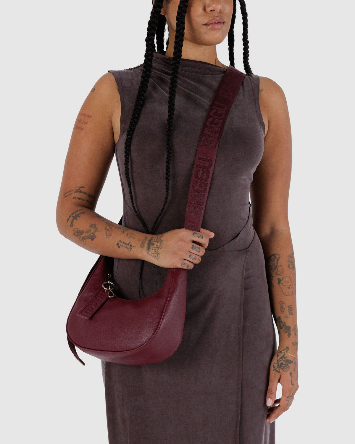 Small Recycled Leather Crescent Bag Mahogany | Baggu On Sale