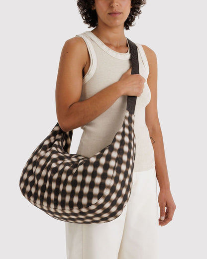 Large Nylon Crescent Bag Blurred Gingham Brown | Baggu Online Store