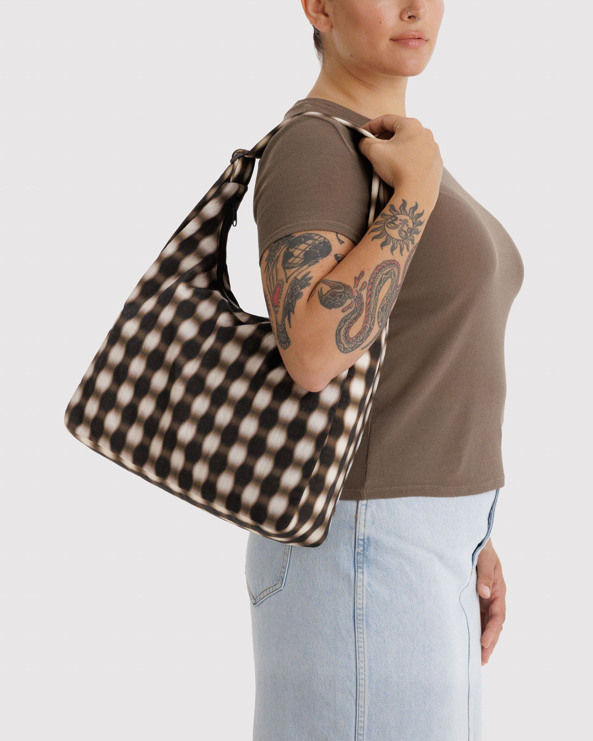 Nylon Shoulder Bag Blurred Gingham Brown | Baggu Sale