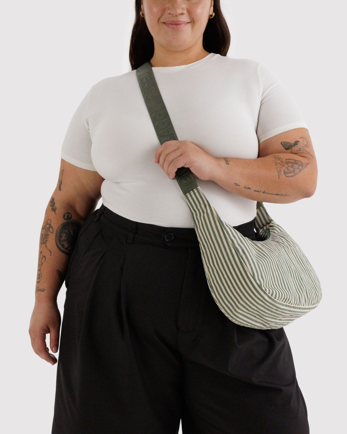 Medium Nylon Crescent Bag Sage Stripe | Baggu Online