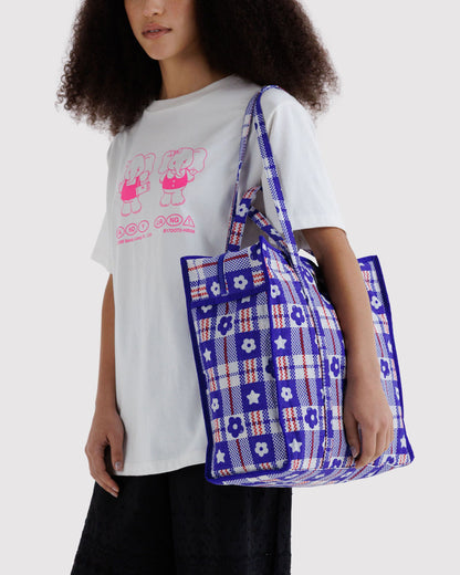 Large Nylon Market Bag Market Plaid Blue | Baggu Online Store