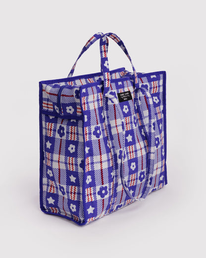 Large Nylon Market Bag Market Plaid Blue | Baggu Online Store