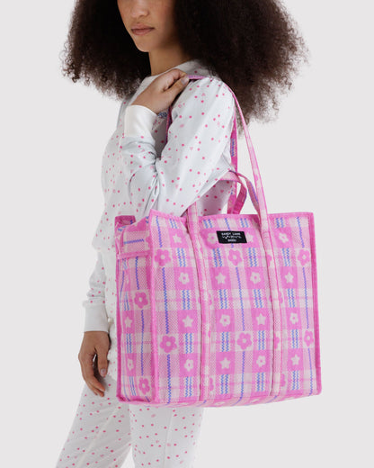 Large Nylon Market Bag Market Plaid Pink | Baggu Online